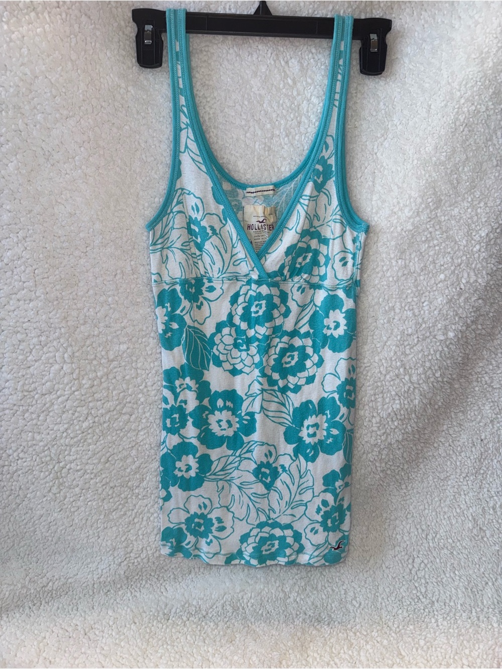 Y2k Hollister Babydoll Cami Tank Top Aqua Blue White Tropical Floral V Neck SZ M